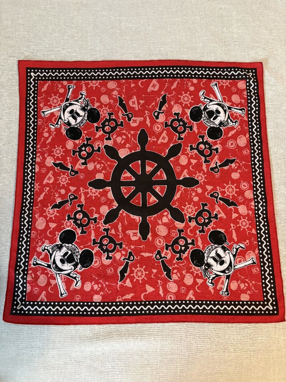 Disney Pirate Mickey Red Cotton Bandana Scarf Skull Crossbones Nautical 21in